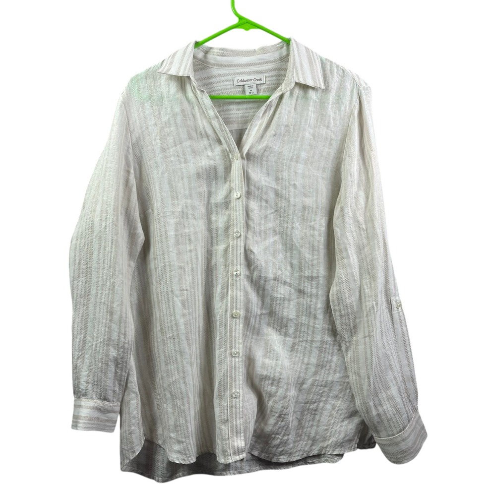 Coldwater Creek Linen Button Blouse Top Womens M Stripe Beige Long Sleeve